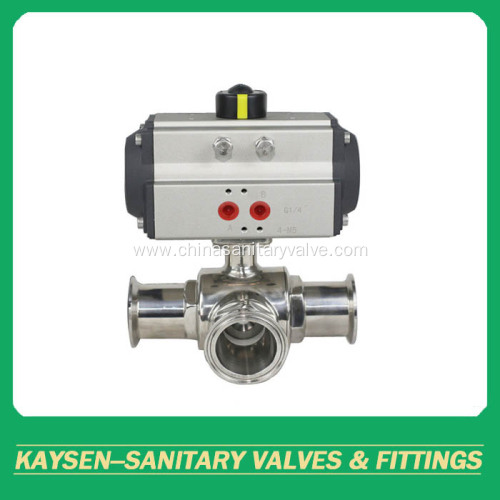 DIN Sanitary 3-way clamped ball valves pneumatic actuator